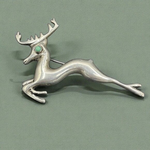 Vintage Old Sterling Silver Turquoise Mexico Deer Stag Brooch Buck - Picture 2 of 13